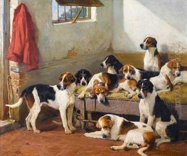 Hounds On A Bench In A Kennel Oil Painting by John Sargent Noble