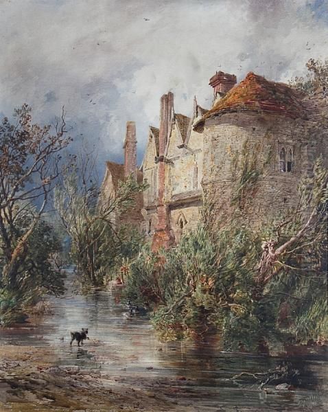 An Old Manor House By A River Oil Painting by Richard Pratchett Noble