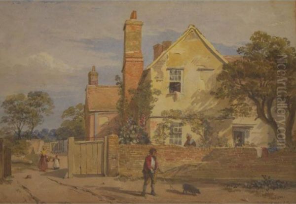 Figures With A Pig By A Country House Oil Painting by Richard Pratchett Noble