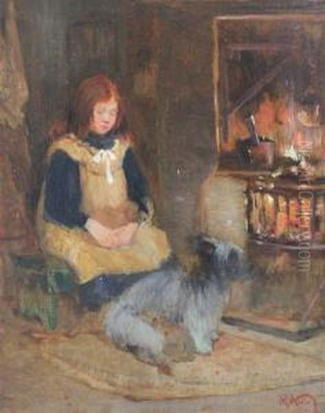 Girl And Dog Beside A Hearth Oil Painting by Robert Noble