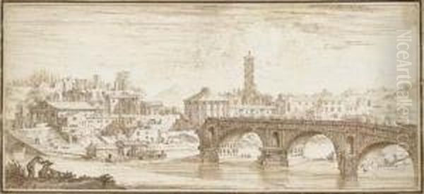 Vue Du Ponte Rotto A Rome, Deux Figures Au Premier Plan Oil Painting by Francois Noblesse