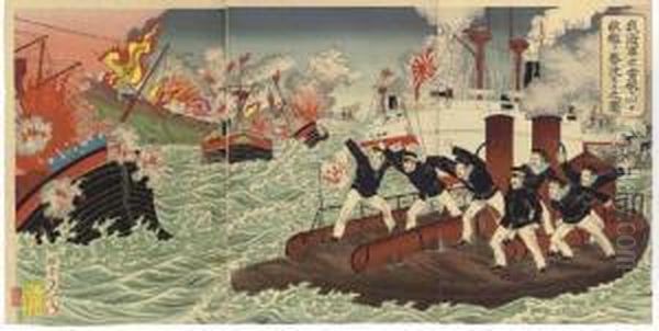 Our Navy Attacks An Enemy Ship By Torpedo Boat Oil Painting by Watanabe Nobukazu