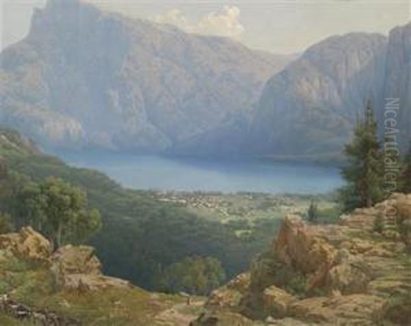 View Of The Mondsee Oil Painting by Wilhelm Theodor Nocken