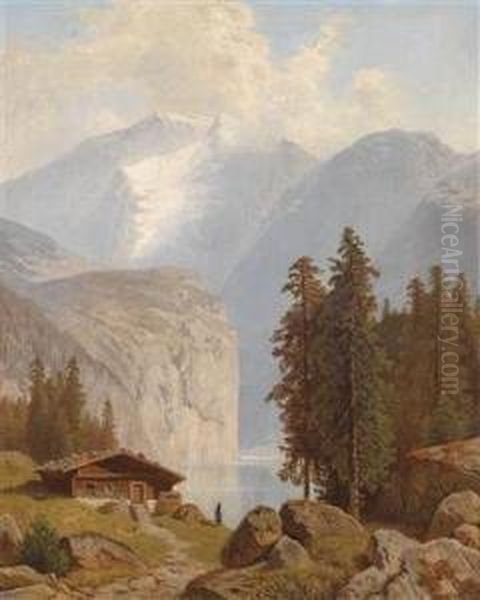 Mountain Lake With A View Of The Watzmann Oil Painting by Wilhelm Theodor Nocken