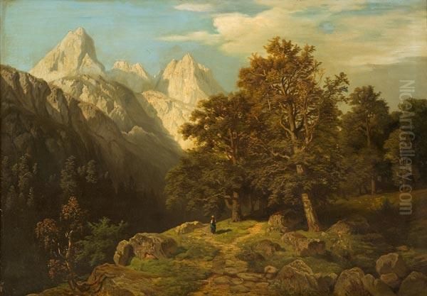 Veduta Del Passo Sella Con Figura Oil Painting by Wilhelm Theodor Nocken