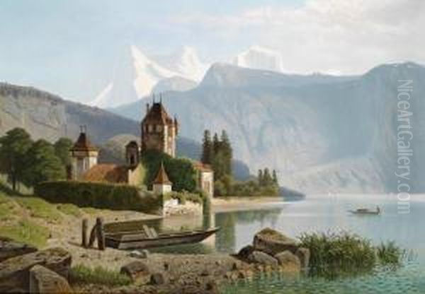 View Of Castle Oberhofen On Lake Thun Oil Painting by Wilhelm Theodor Nocken