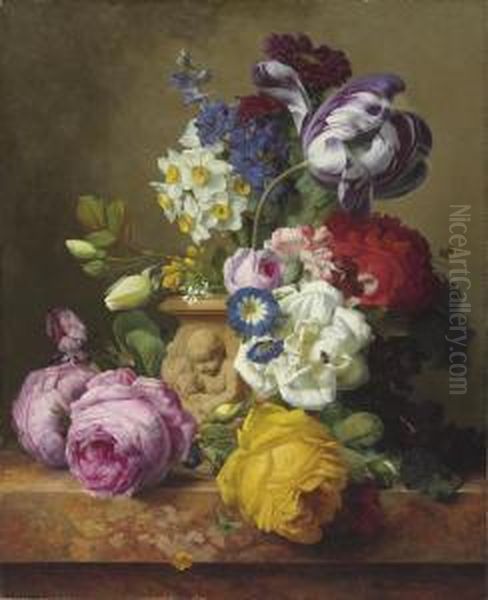 Roses, Tulips, Morning Glory, Delphinium And Primrose In A Terracotta Vase On A Marble Ledge Oil Painting by Charles Node-Veran