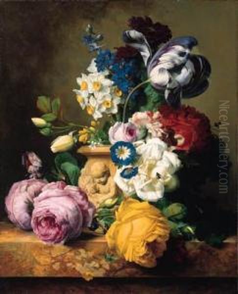 Roses, Tulips, Morning Glory, Delphinium And Primrose Peerless In Aterra Cotta Vase On A Marble Ledge Oil Painting by Charles Node-Veran