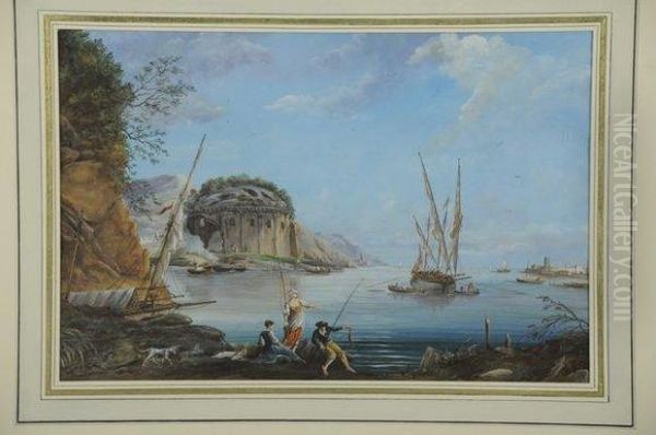 Pecheurs Au Bord De La Mer Pres D'une Rotonde En Ruines. Oil Painting by Alexandre-Jean Noel