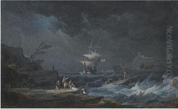 A Shipwreck At Nighttime Off A Rocky Mediterranean Coast Oil Painting by Alexandre-Jean Noel