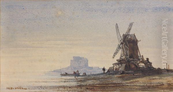 Bord De Mer Anime Au Moulin Oil Painting by Jules Achille-Noel