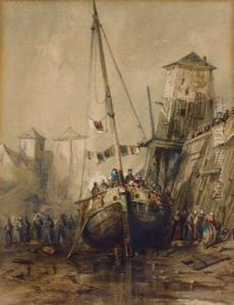 Bateau A Maree Basse Oil Painting by Jules Achille-Noel