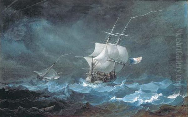 Marine: Navire De Haut Bord Pris Dans Une Tempete Oil Painting by Jules Alexandre Noel