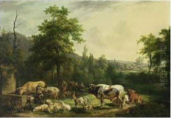 A Wooded Landscape With Shepherds Watering Their Herd Near A Well Oil Painting by Peter Paul Joseph Noel