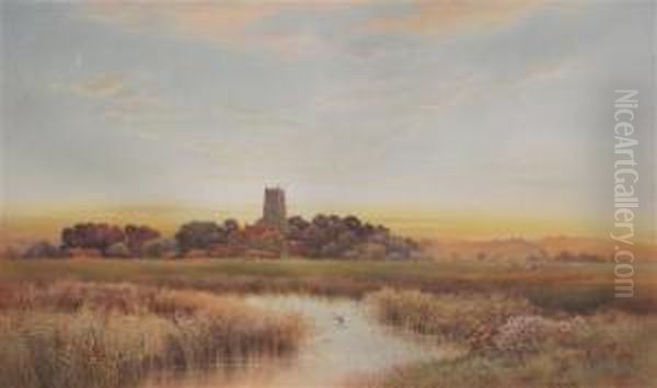 Landscape At Sunset With Church And Cattle Oil Painting by Thomas Noelsmith