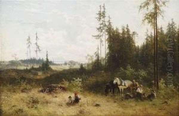 Idyllic Scene Withlumberjacks At The Border Of A Wood. Oil Painting by Julius Noerr