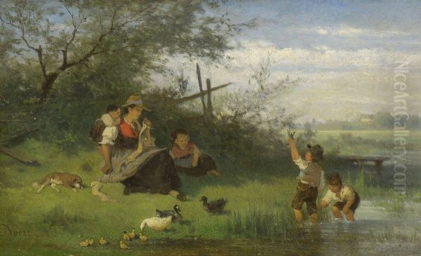 Mutter Mit Kinder Am Seeufer Oil Painting by Julius Noerr