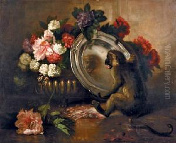 Le Singe Se Mirant Dans Un Plat D'argent Devant Une Jardiniere En Fleurs Oil Painting by Louis Noirot