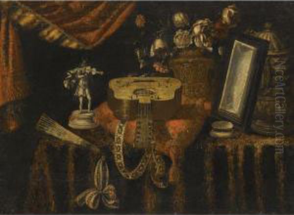 A Still Life With A Guitar, A Fan, A Statuette Of A Violinist, Asnuff Box, A Mirror And Flowers, All On A Draped Table Oil Painting by Francesco Il Maltese Noletti