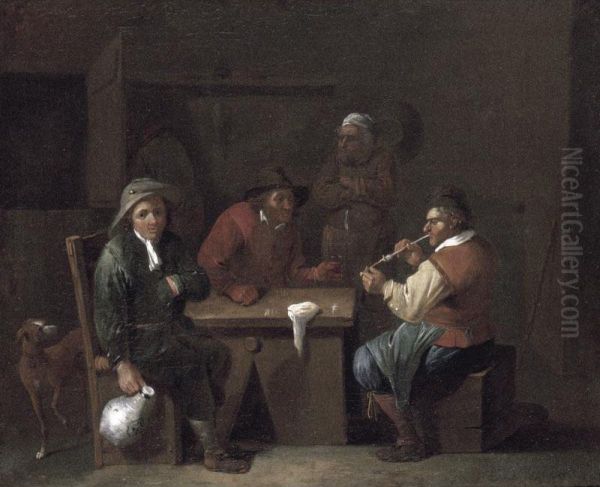 An Interior Of An Inn With Peasants Smoking And Drinking Oil Painting by Jan Baptist Nollekens