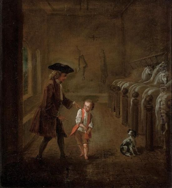 A Stable Interior With A Gentleman And A Boy Oil Painting by Joseph Francis Nollekens