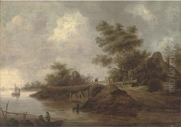 A River Landscape With Figures In A Boat And A Traveller On A Bridge Oil Painting by Pieter Nolpe