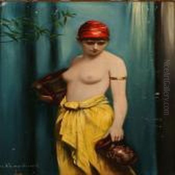 Oriental Woman With Water Jars Oil Painting by Max Nonnenbruch