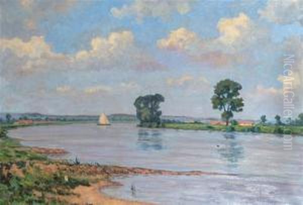 The River Isser Near Laddum, Holland, Inscribed With Title Andartist's Name Verso Oil Painting by Michiel Noordewier