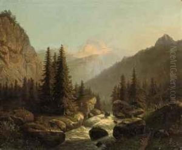 Figures Resting In A Forest In A Mountainous Landscape Oil Painting by Jacobus Hendricus J. Nooteboom