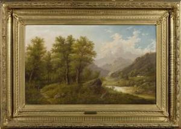 Stream In Mountains With Peasant Girls Oil Painting by Jacobus Hendricus J. Nooteboom