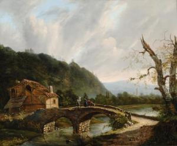 Mountain Landscape With Figures On A Bridge Oil Painting by Jacobus Hendricus J. Nooteboom