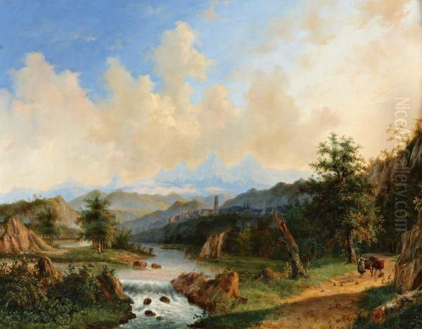 Riviervallei In Weids Heuvellandschap; Op De Voorgrond Een Boerin Met Pakezel Oil Painting by Jacobus Hendricus J. Nooteboom