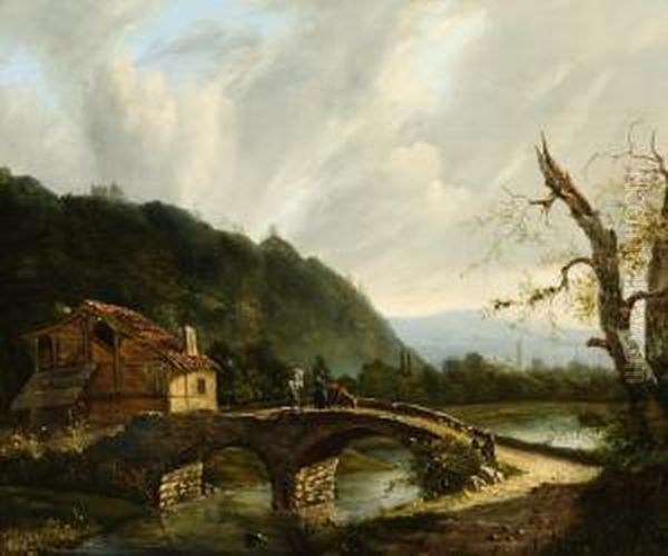 Mountainous Landscape With Figures On A Bridge Oil Painting by Jacobus Hendricus J. Nooteboom