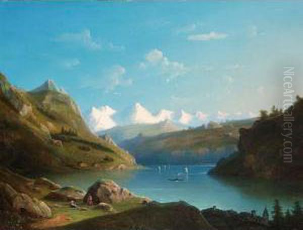 A Snow-capped Fjord Oil Painting by Jacobus Hendricus J. Nooteboom