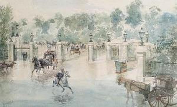 Buckingham Gate, St. James's Park - A Wet Day Oil Painting by Edwin Arthur Norbury