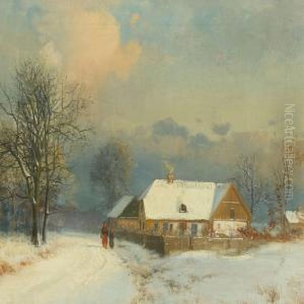 Winterlandscape With Walking Persons Oil Painting by Nordahl Peter Frederik Grove