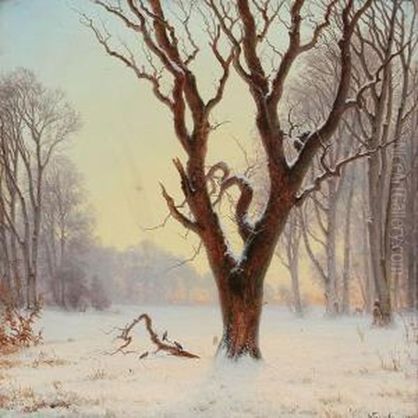 Winterday At A Field Oil Painting by Nordahl Peter Frederik Grove