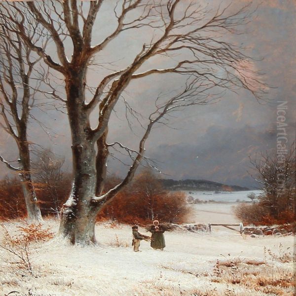 Mother And Son Gathering Firewood In A Snow Covered Landscape Oil Painting by Nordahl Peter Frederik Grove