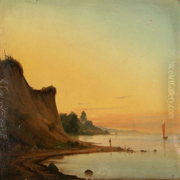 Coastal Scene With The Sun Shining Low Oil Painting by Nordahl Peter Frederik Grove