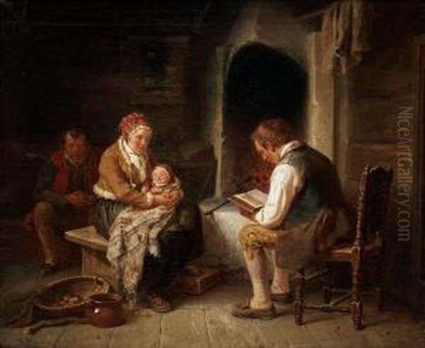 Interior With Countryfolk Oil Painting by Bengt Nordenberg