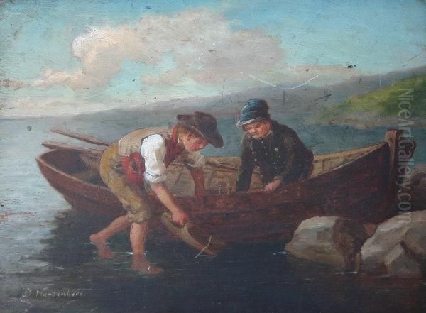 Two Young Boys With Rowboat By Waters Edge Oil Painting by Bengt Nordenberg