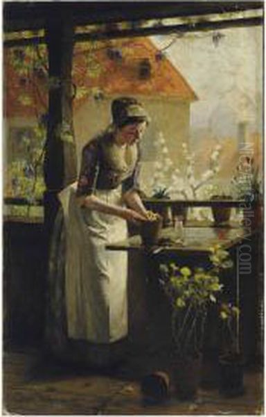 Woman Tending To Her Plants Oil Painting by Henrik Nordenberg