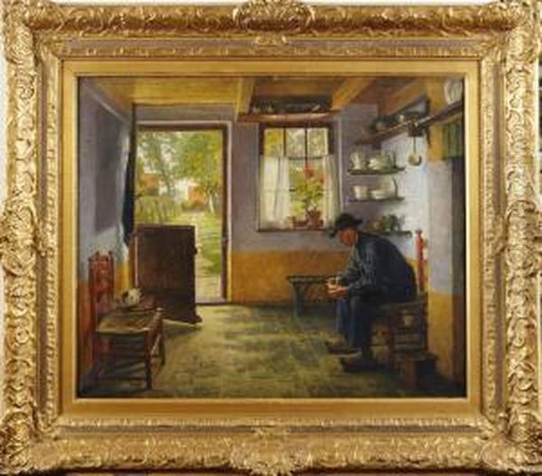 Interior Med Sittande Man Oil Painting by Henrik Nordenberg