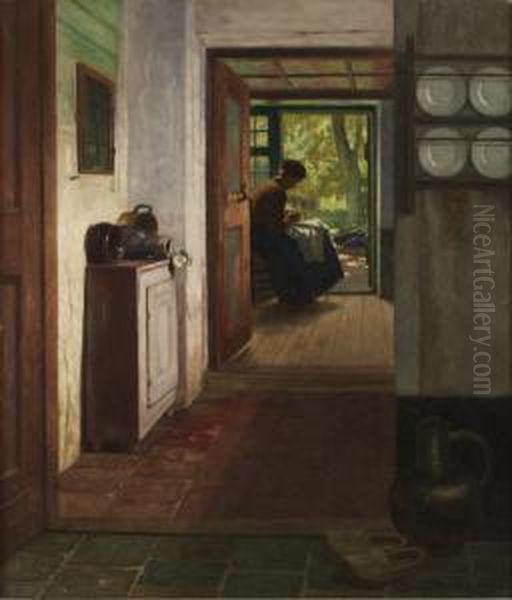 Interior Med Handarbetande Kvinna Oil Painting by Henrik Nordenberg