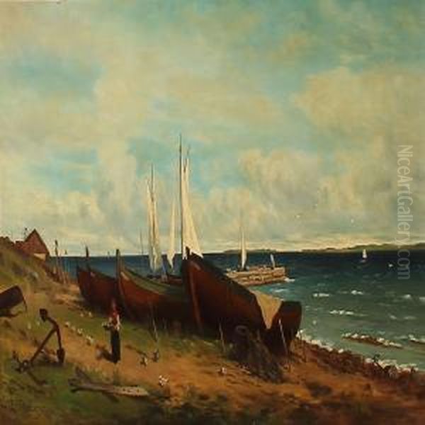 Coastal Scene With Boats At The Beach Oil Painting by Axel Wilhelm Nordgren