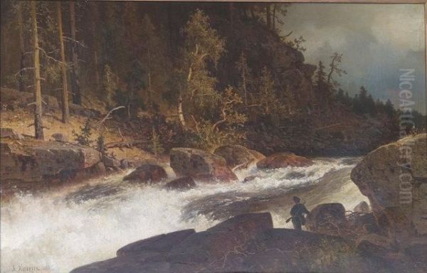 River Landscape With Angler Oil Painting by Axel Wilhelm Nordgren