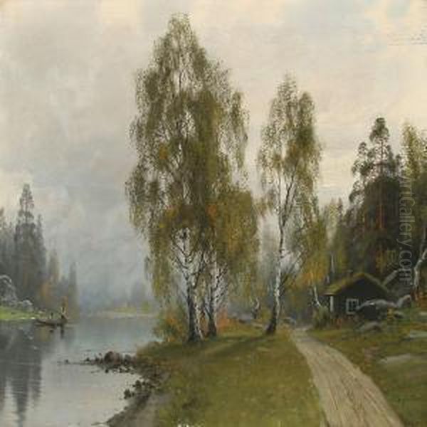 Norwegian Landscape With Two Fishermen At A Lake Oil Painting by Olaf Nordlien