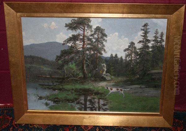 Hunting Dog Beside Ariver With Hills Beyond Oil Painting by Olaf Nordlien