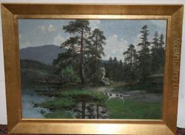 Hunting Dog Beside A River With Hills Beyond Oil Painting by Olaf Nordlien