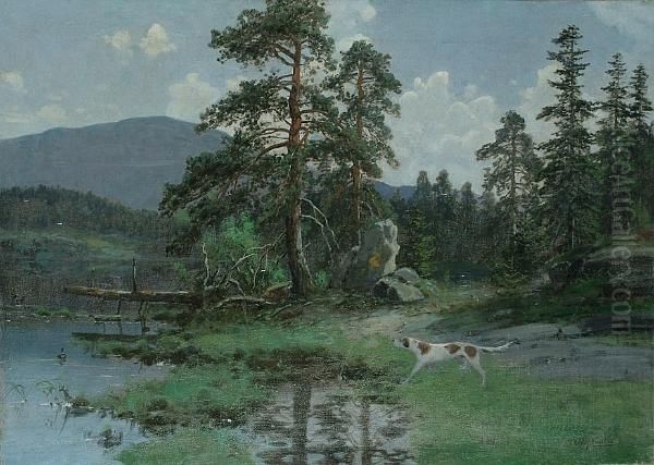 Pointer In A River Landscape Oil Painting by Olaf Nordlien